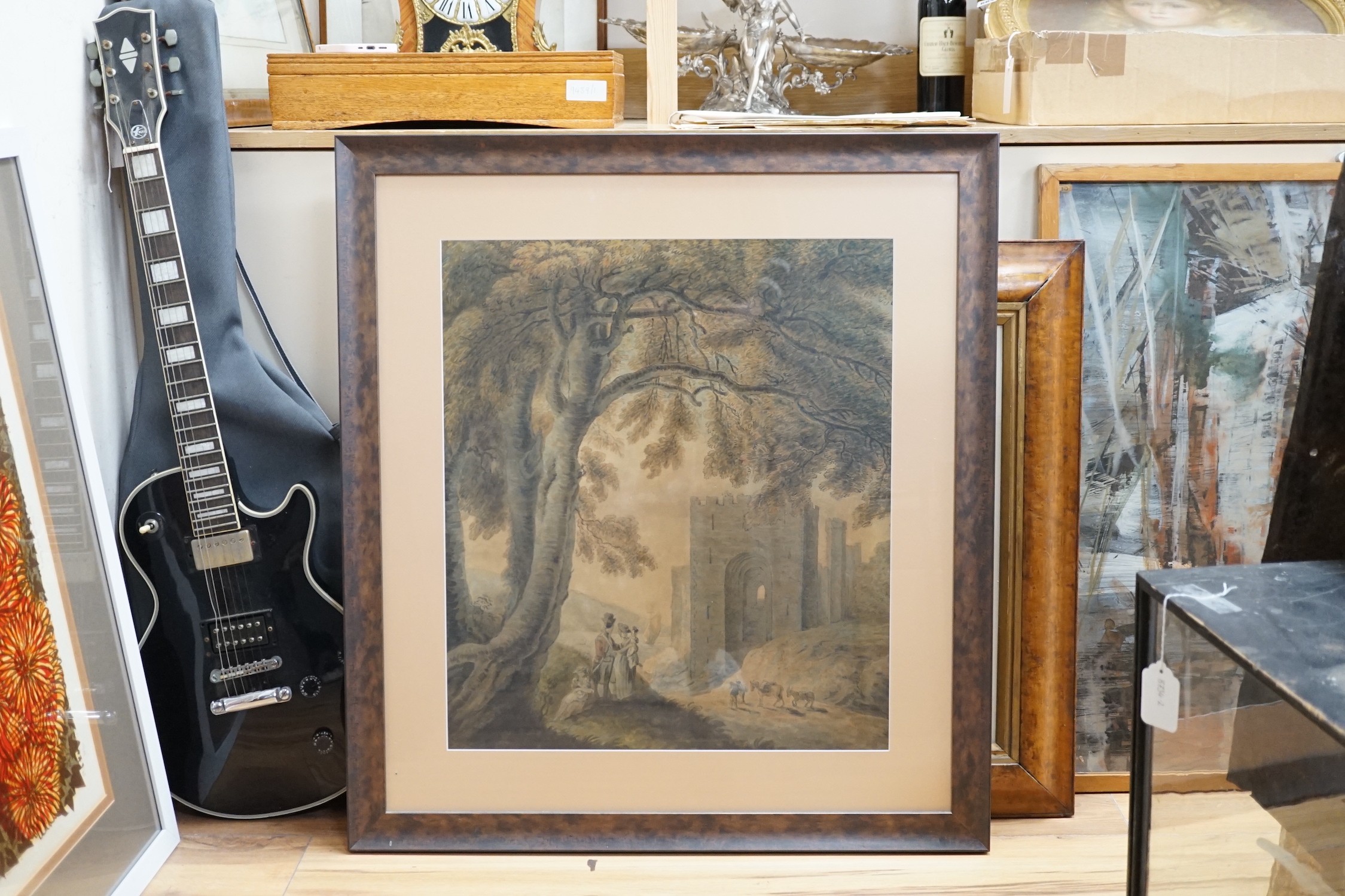 English School c.1800, ink and watercolour, An army officer and his family standing in a landscape with a castle and sailing ship beyond, 60 x 52cm